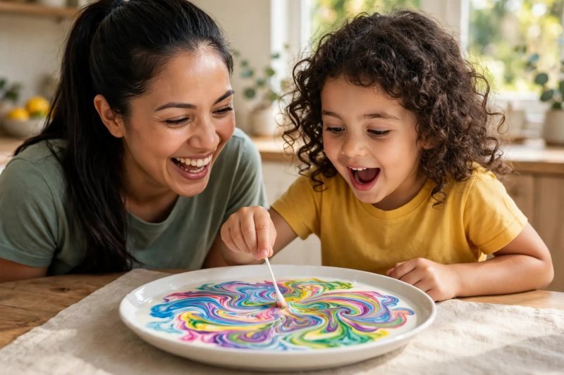 Preschooler gasping with delight while touching a soapy swab to swirling rainbow colors in milk.