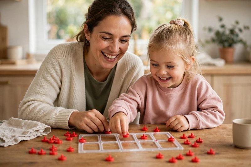 Mother and young daughter playing a ten-frame counting game at a kitchen table.