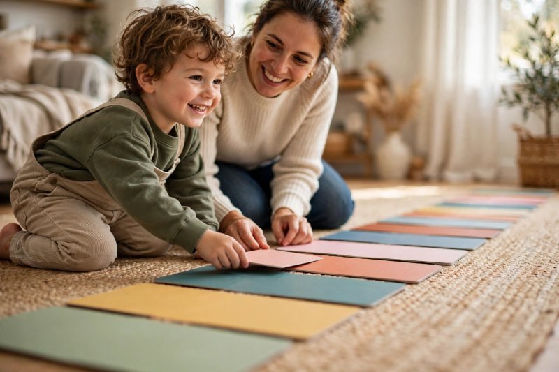 smiling preschooler and parent arranging colorful blank cards in a row on a living room rug