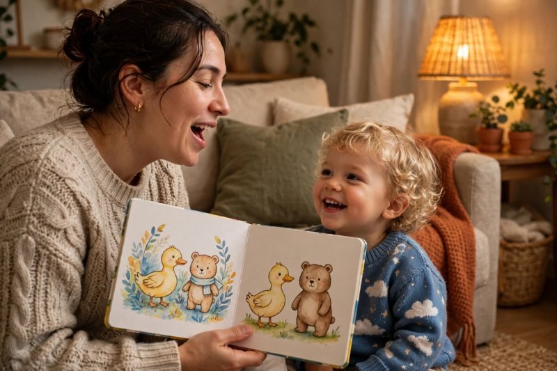 Parent singing classic nursery rhymes for toddlers with a happy toddler on the sofa.