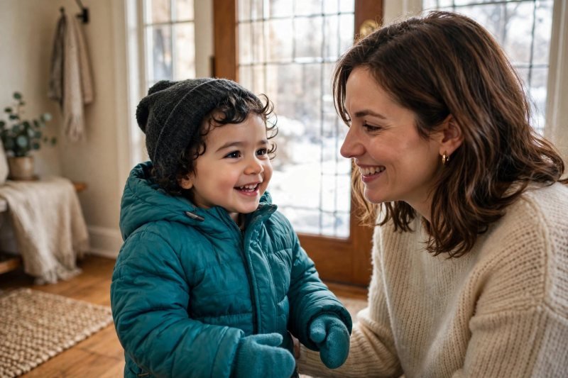 Toddler in puffy coat, knit hat and mittens smiling with mother by a door
