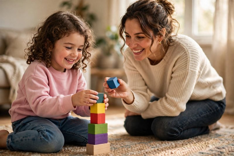 Smiling five-year-old stacking colorful blocks with her mother in a sunny living room.