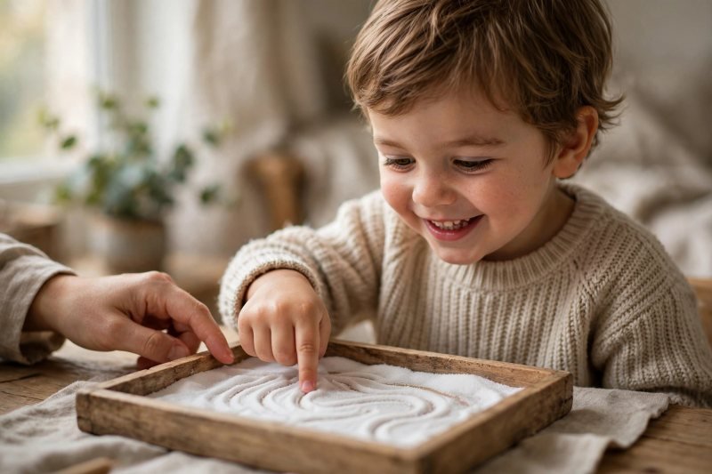 Smiling preschooler drawing pre-writing strokes in a salt tray in sunlight
