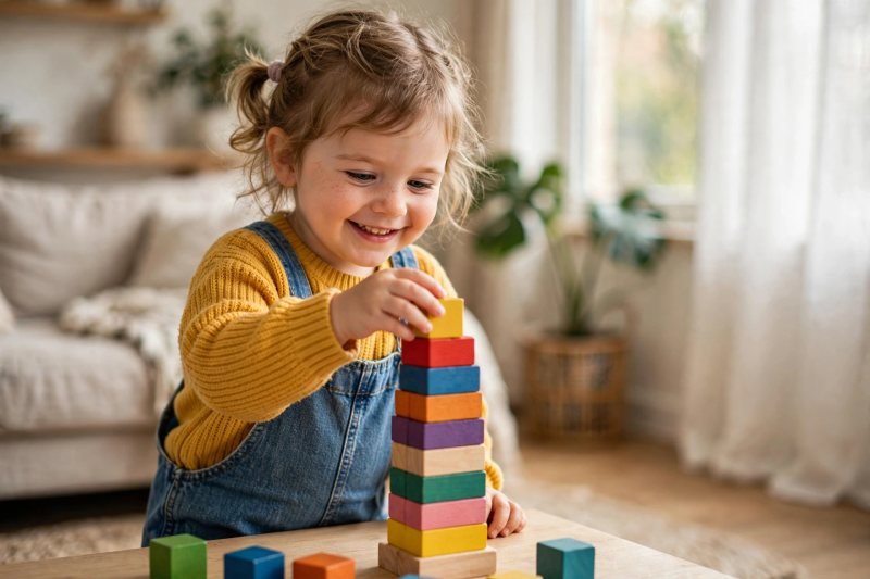Smiling 3-year-old girl stacking colorful wooden blocks into a tower.