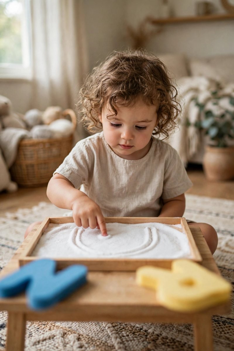 A 2-year-old girl finger-tracing a big letter shape in a salt tray on a living-room rug in natural window light