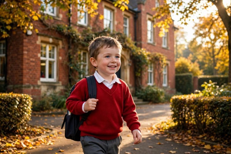 Smiling four-year-old boy in school uniform walking to primary school in autumn.