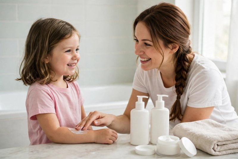 A mother smooths moisturizing cream onto her young daughter's forearm at a bathroom counter.