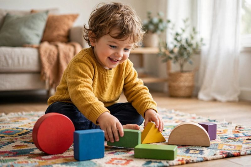 A 3-year-old arranging big colorful wooden shapes on a rug in a bright living room.