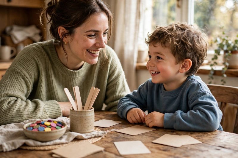 Parent and young child playing homemade word games at a kitchen table.