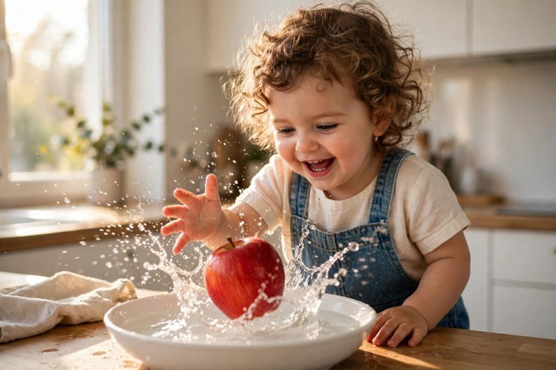 Toddler in denim overalls dropping a red apple into a shallow bowl of water.