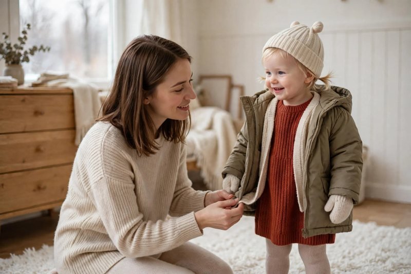 Toddler girl in knit dress coat hat and mittens with mother kneeling