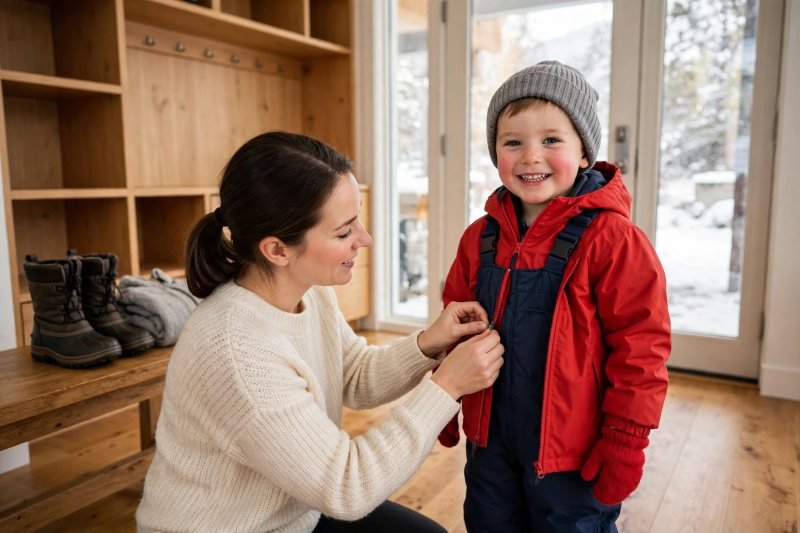 A mother zips her smiling toddler's red snow jacket in a bright entryway.