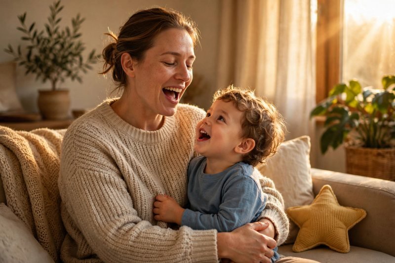 Parent and toddler singing Twinkle Twinkle Little Star together on a sunny couch.
