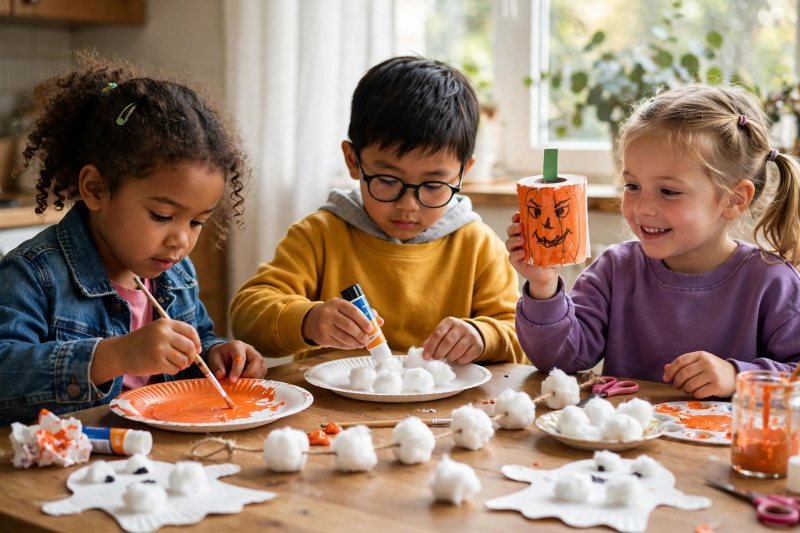 Friendly not-so-spooky Halloween crafts for kids: a smiling paper plate ghost, handprint spiders and other easy ideas made from household items.