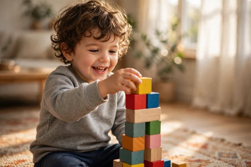 Happy 3-year-old stacking colorful wooden blocks in morning sunlight — milestones without pressure.