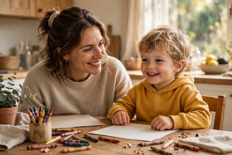 Confident parent and 4-year-old at a sunny kitchen table with crayons and blank paper — getting ready for kindergarten learning.
