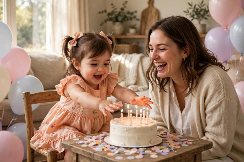 Two-year-old girl in peach dress reaching for a small birthday cake at a home party