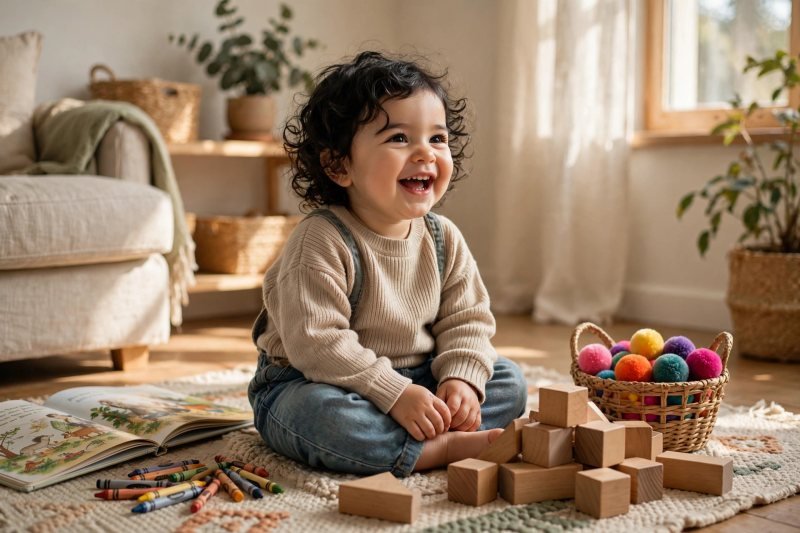 A toddler playing and learning at home with simple everyday household items.