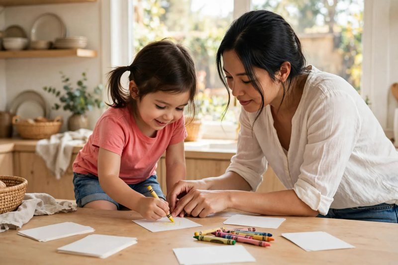 A five-year-old girl draws a pentagon shape on a blank index card beside her mother.