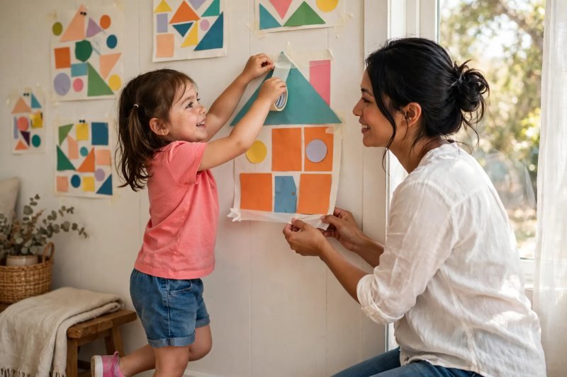 A five-year-old tapes her paper-shape house picture onto a sunlit wall for a gallery.