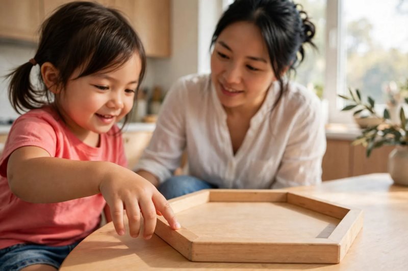 A girl's finger traces the edge of a large wooden hexagon on the kitchen table.