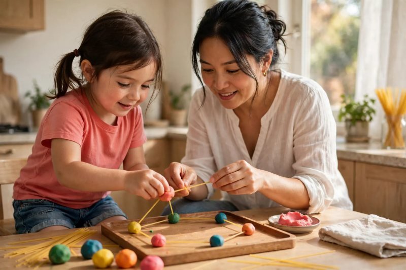 A girl presses playdough balls onto spaghetti sticks, building a hexagon shape on a tray.