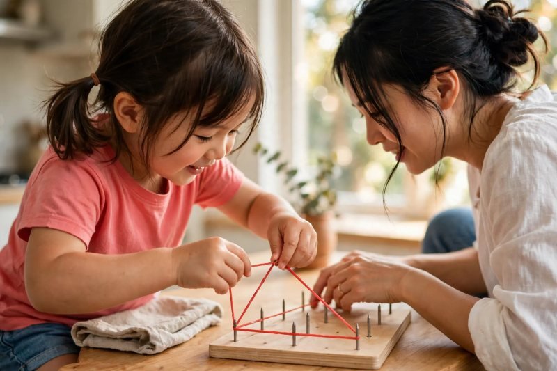 A five-year-old stretches a red rubber band into a triangle on a wooden geoboard.