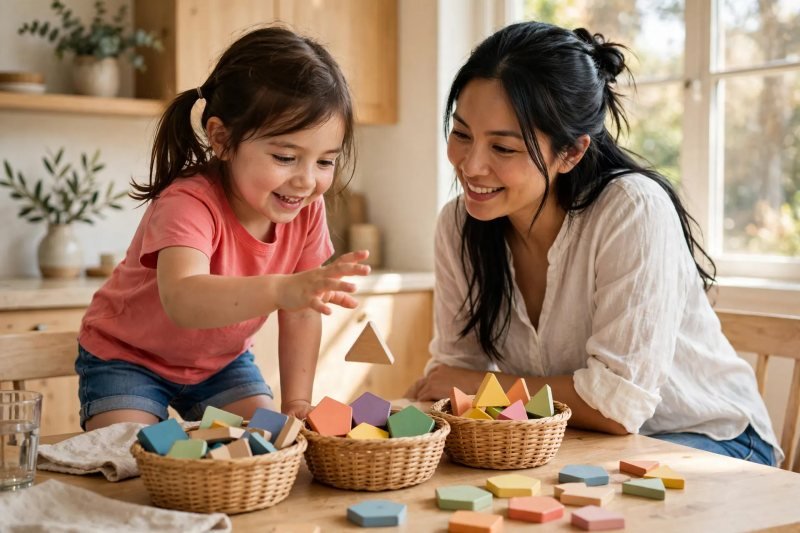 A young girl drops a wooden triangle toward woven baskets, sorting shapes by sides.
