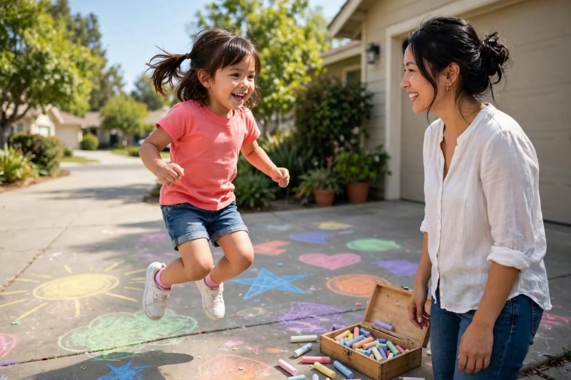 A five-year-old girl hops midair beside giant chalk shapes on a sunny home driveway.