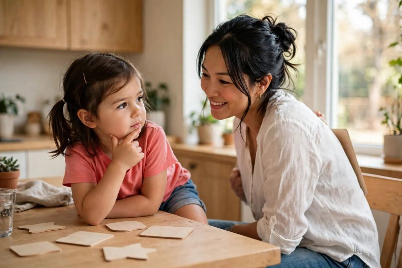 A mother hides a wooden shape behind her back while her daughter guesses from clues.
