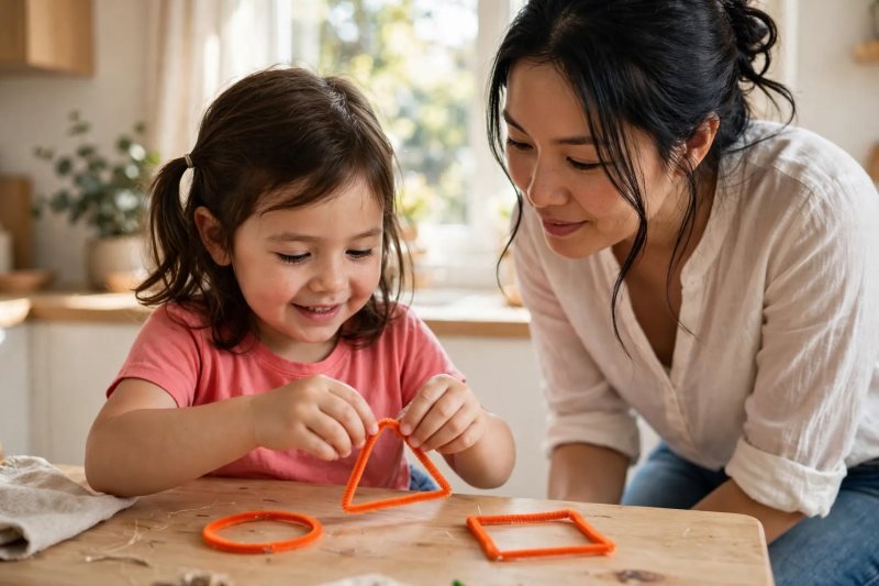 Small hands bend an orange pipe cleaner into a triangle beside finished pipe-cleaner shapes.