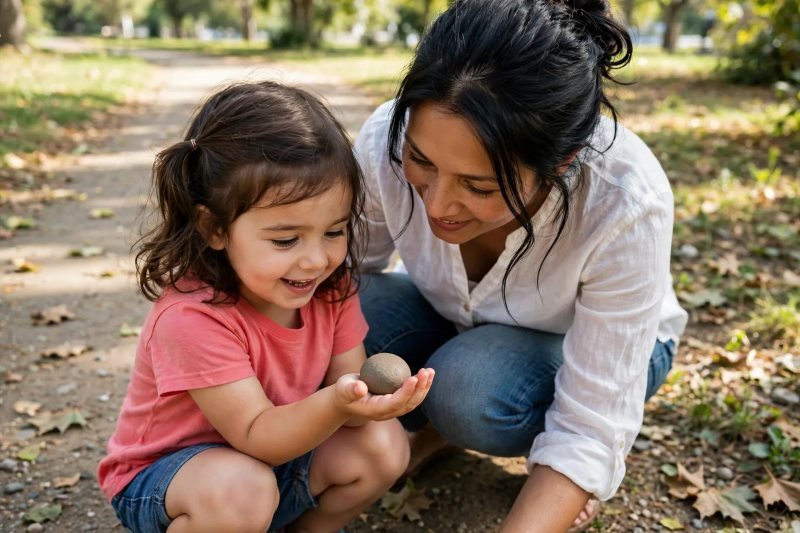 A girl and her mother examine a round stone together on a sunny park path.