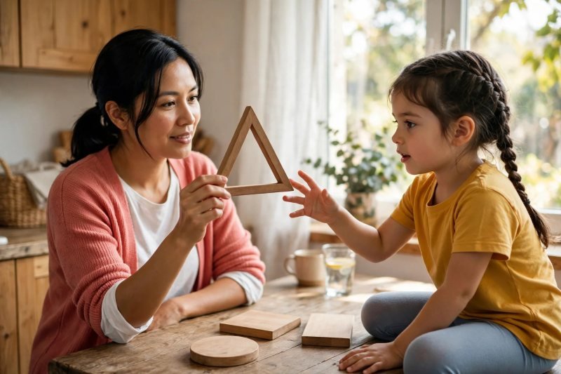 Mum holds up a wooden triangle while her daughter watches it closely