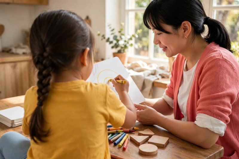 Girl drawing a large circle on a blank card with crayons