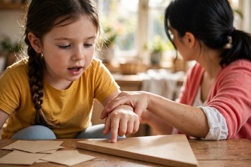 Child tracing a wooden triangle with one fingertip, counting sides aloud