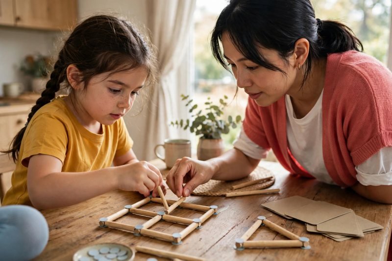Girl and mum building a square from lolly sticks with sticky dots