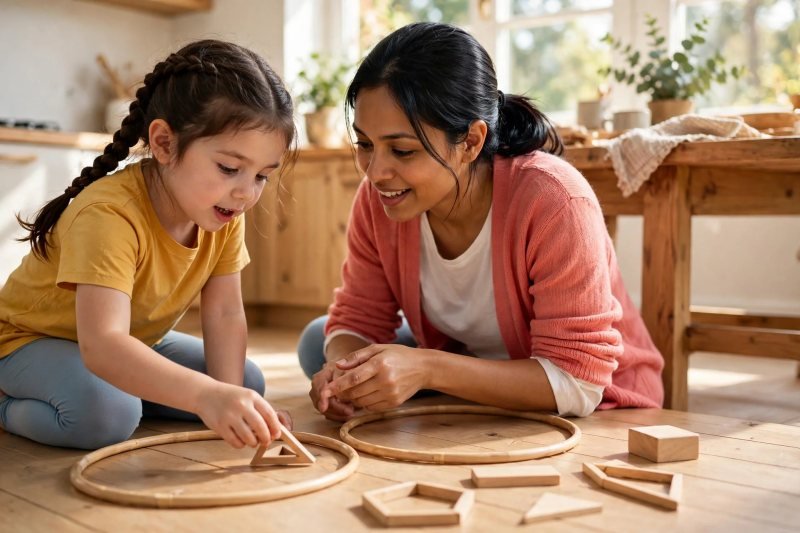 Girl kneeling on the kitchen floor sorting wooden shapes into hoops