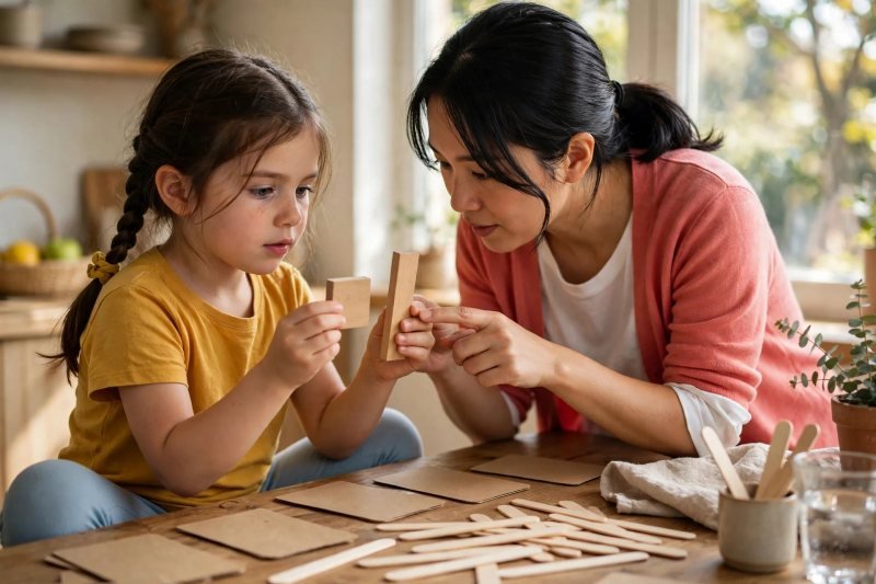 Child comparing a wooden square and rectangle side by side