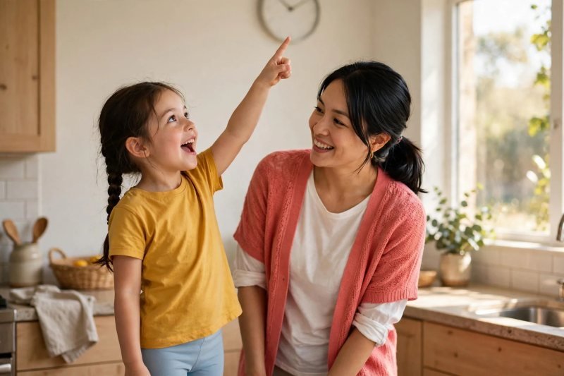 Excited girl pointing at a round wall clock during a shape hunt