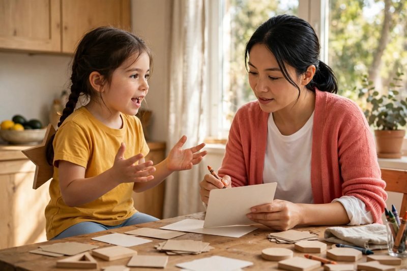 Daughter describing a secret shape while mum sketches her clues