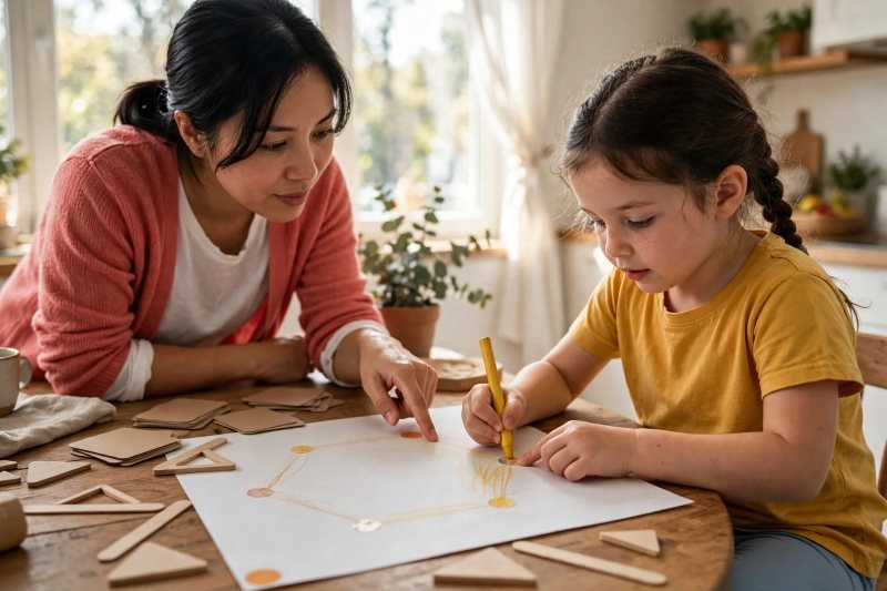 Girl drawing a big hexagon and pressing sticky dots on its corners