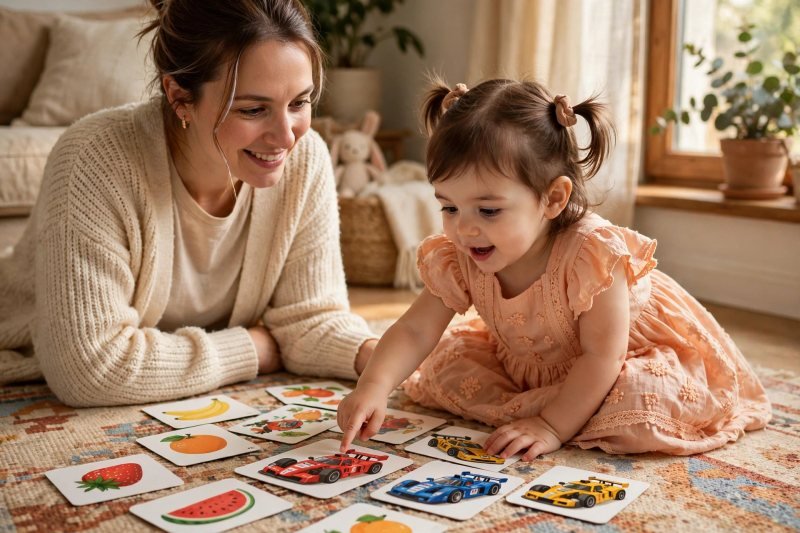 Mother and toddler daughter looking at colorful party theme picture cards on a rug