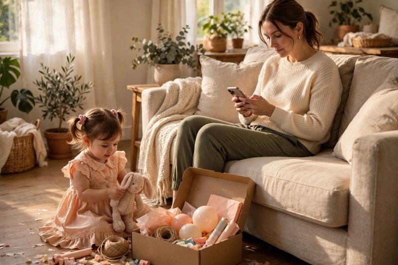 Mother texting party time details on her phone while her toddler plays nearby