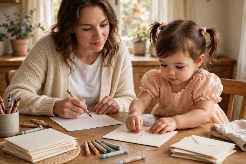 Toddler placing a star sticker on paper party invitations at a table with her mother