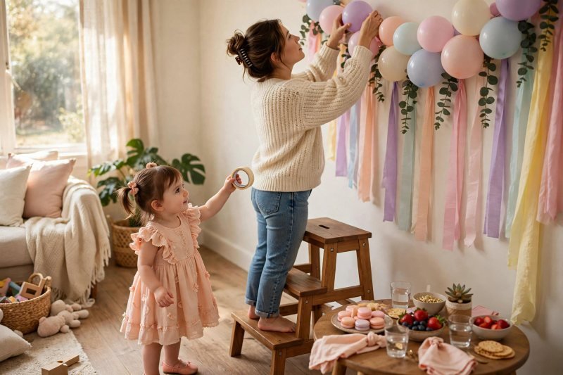 Mother hanging a pastel balloon garland while her toddler hands her the tape