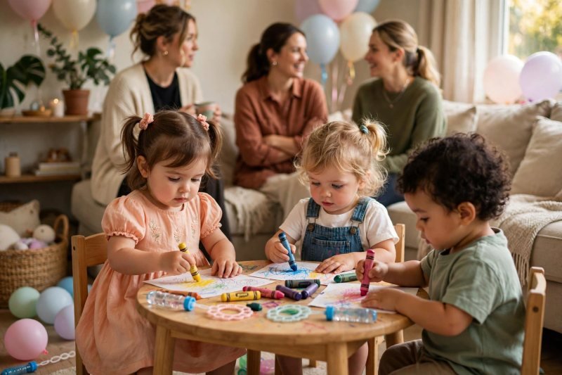Toddlers coloring with chunky crayons at a small table during a birthday party