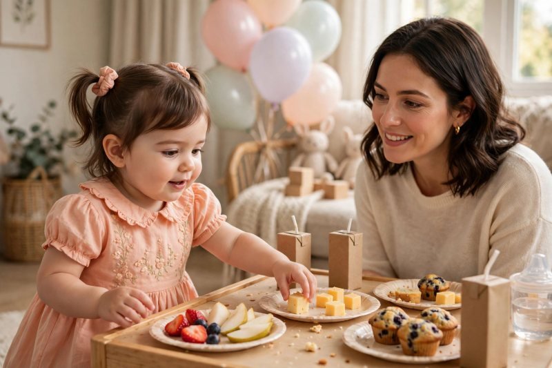Two-year-old girl reaching for cheese cubes on a low table of party finger foods