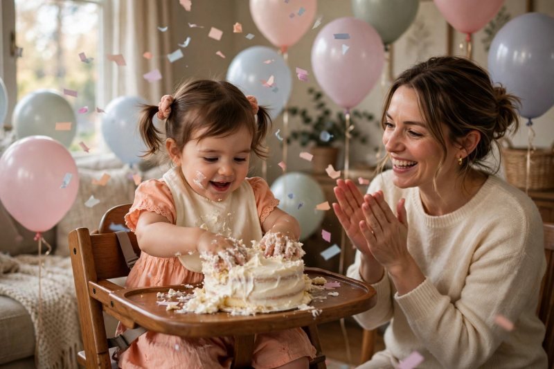 Birthday toddler smashing a small frosted cake in a high chair while her mother claps