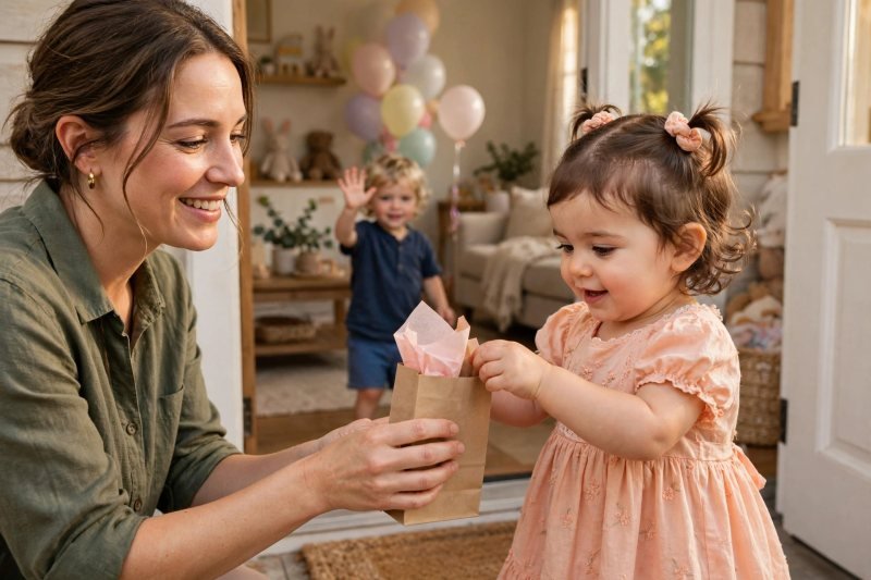 Mother handing a party favor bag to her toddler as a young guest waves goodbye
