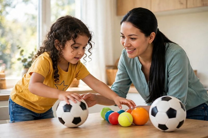 Girl rolling soccer balls across a kitchen table with her mother